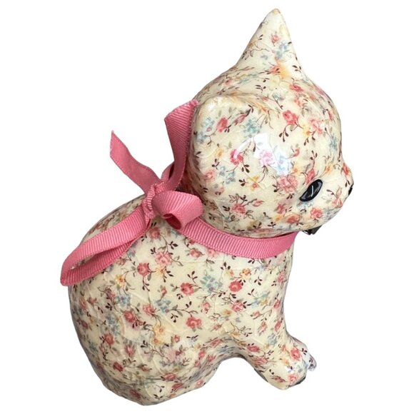 Vtg DECOUPAGE Ceramic CAT Kitten Kitty Floral Cream Fabric Pink Ribbon Bell 6" T - Picture 7 of 15